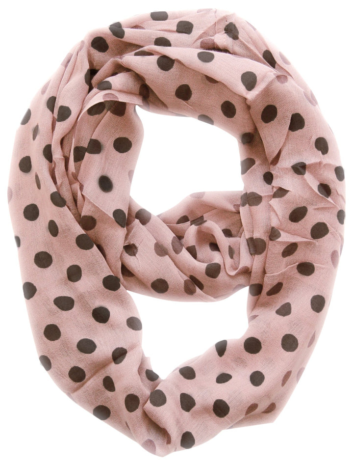 Lightweight and sheer pink polka dot circle print infinity loop scarf for women.