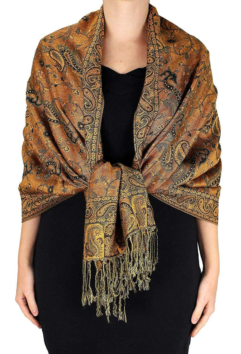 Elegant double layer reversible paisley pashmina shawl wrap scarf in pumpkin orange with fringe trim.