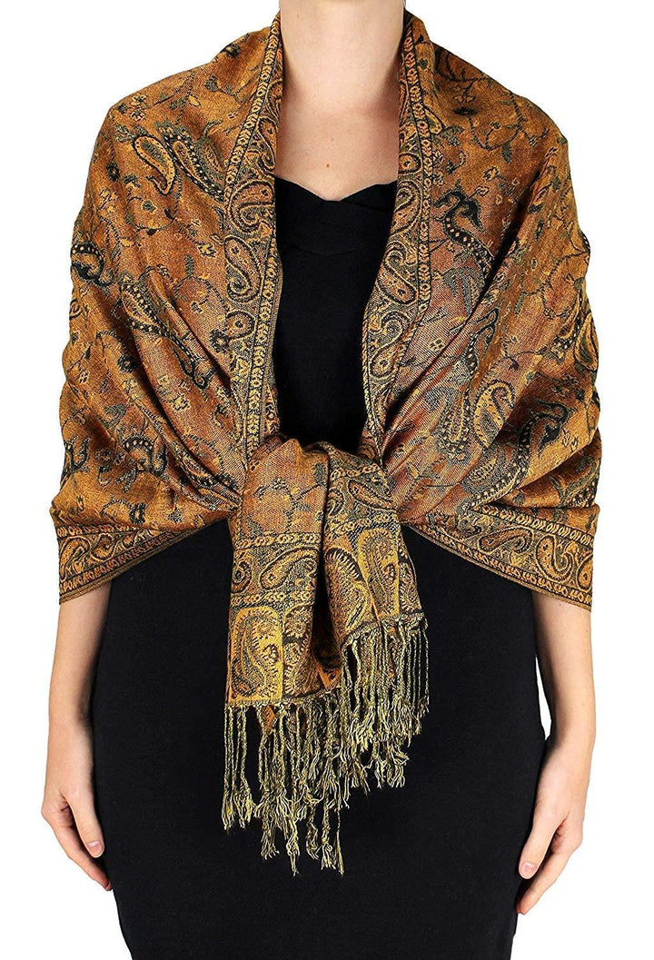 Elegant double layer reversible paisley pashmina shawl wrap scarf in pumpkin orange with fringe trim.