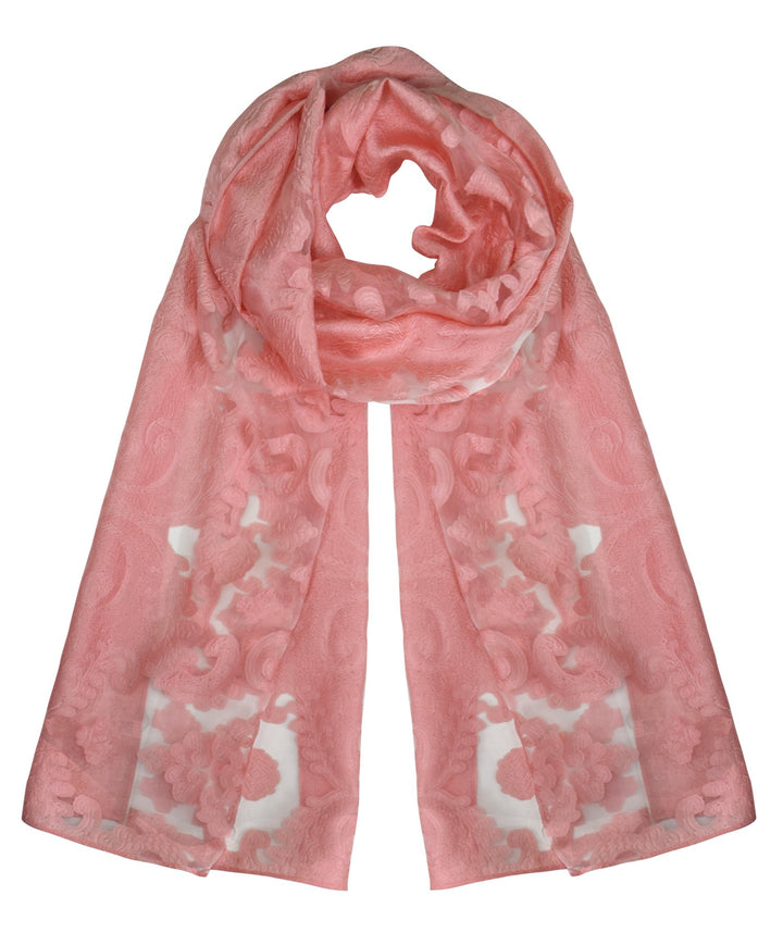 Lightweight summer fashion floral embroidered burnout scarf in white and pink