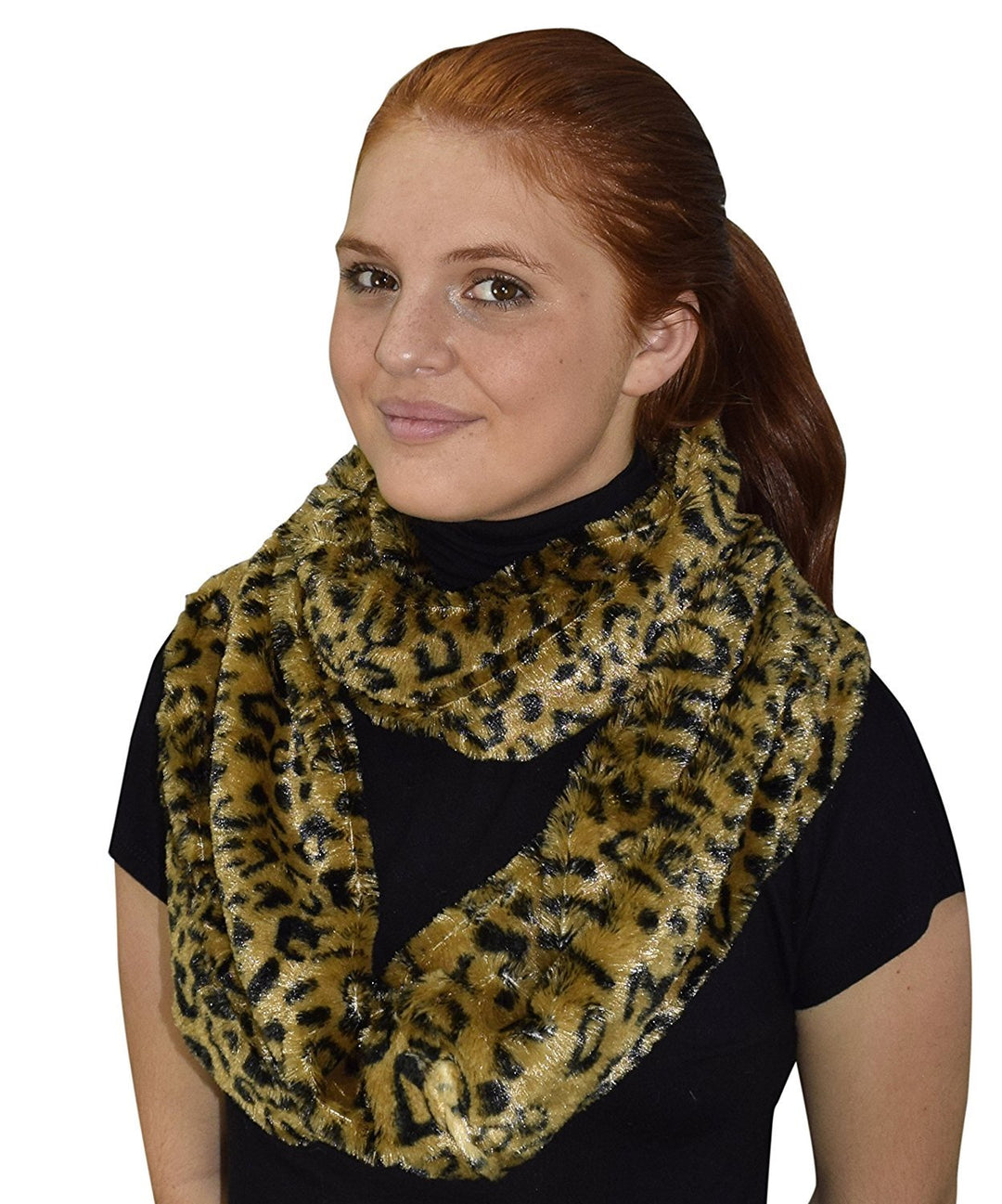 Faux fur Leopard Zebra Print Plush Cowl Collar Infinity Loop Scarf Golden Brown