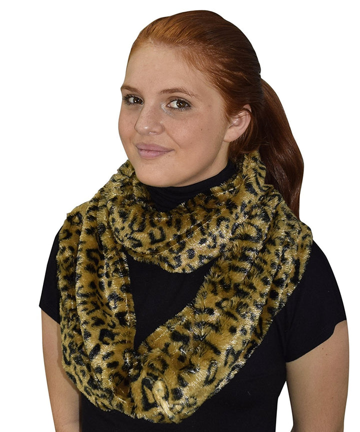 Faux fur Leopard Zebra Print Plush Cowl Collar Infinity Loop Scarf Golden Brown
