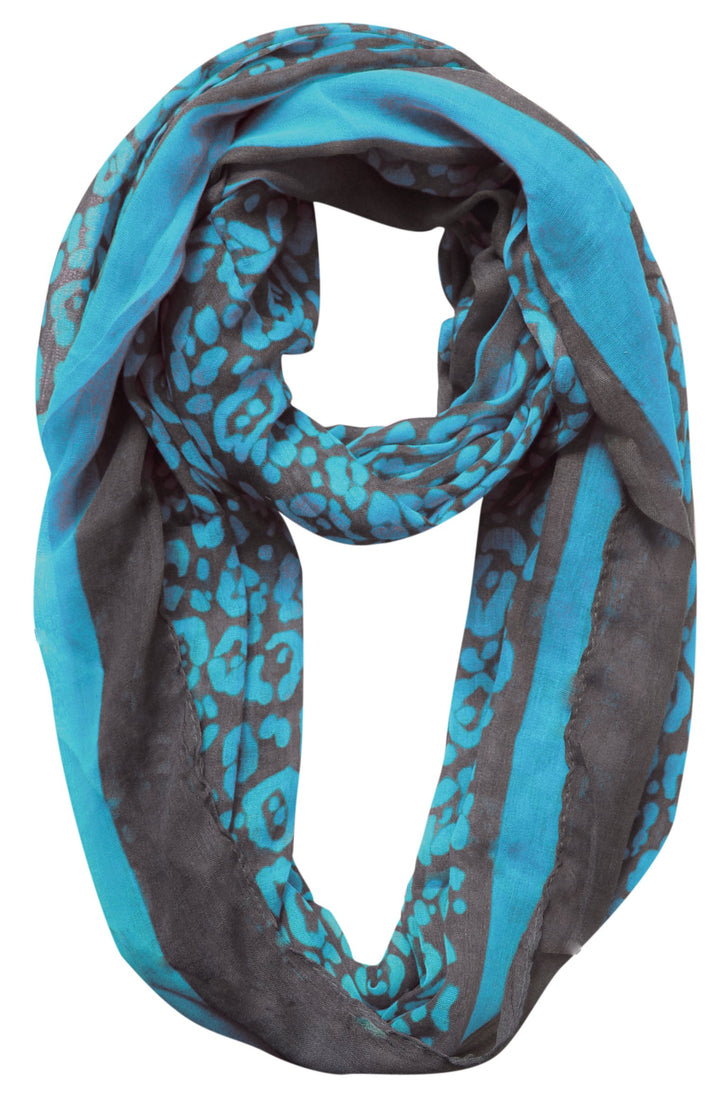 Lightweight neon turquoise animal print infinity loop scarf with a retro leopard pattern for women