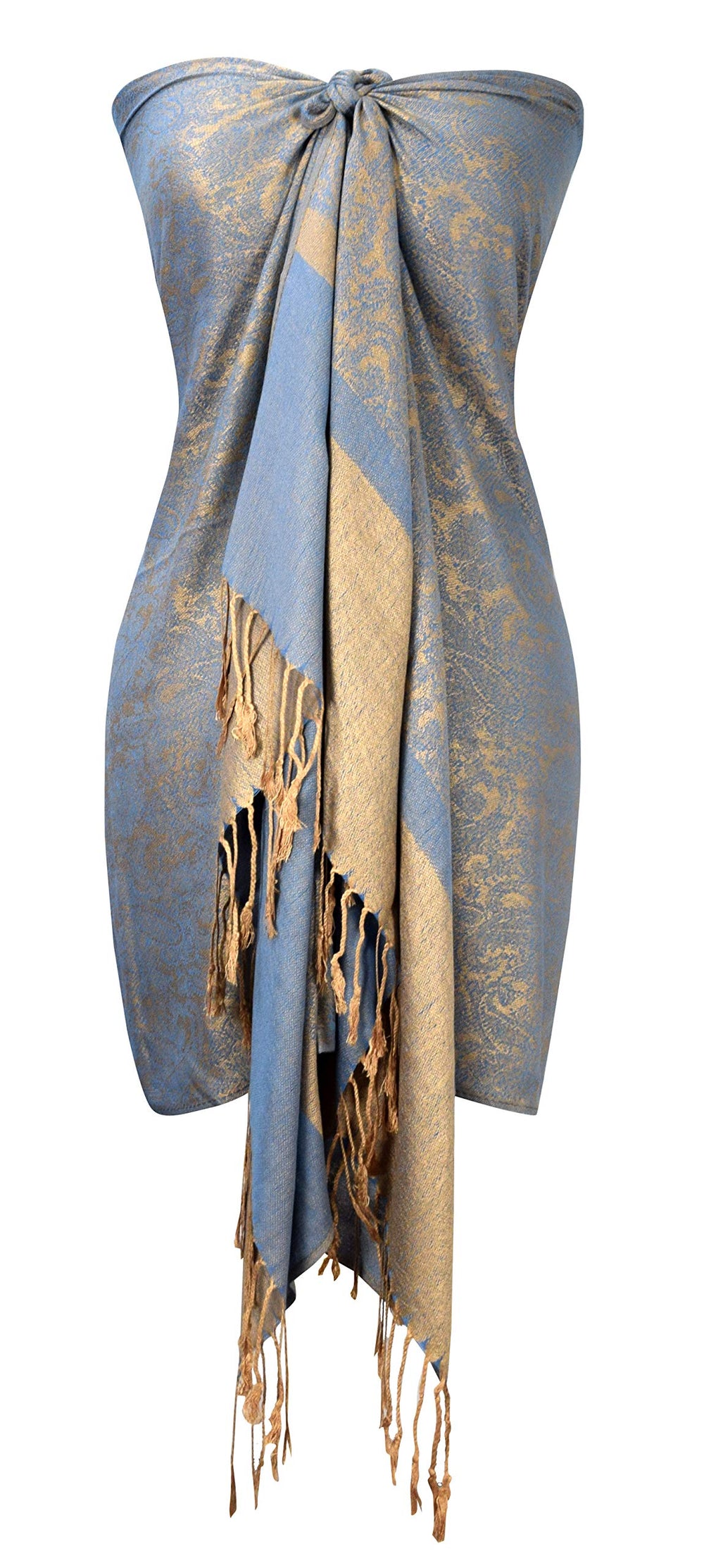 Elegant vintage two color jacquard paisley pashmina shawl wrap in baby blue and gold.