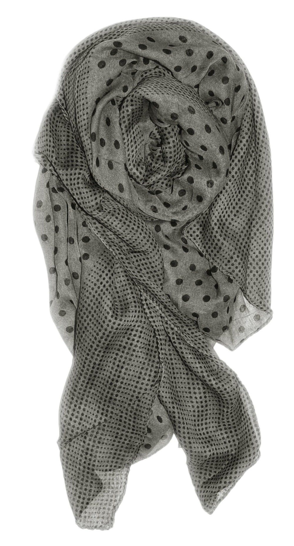 Charming grey and black lightweight pashmina scarf featuring a classic polka dot pattern and border.
