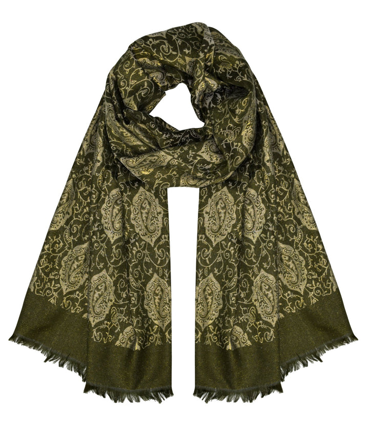 Elegant damask olive green jacquard pashmina shawl featuring an intricate reversible paisley pattern and traditional fringed edges.