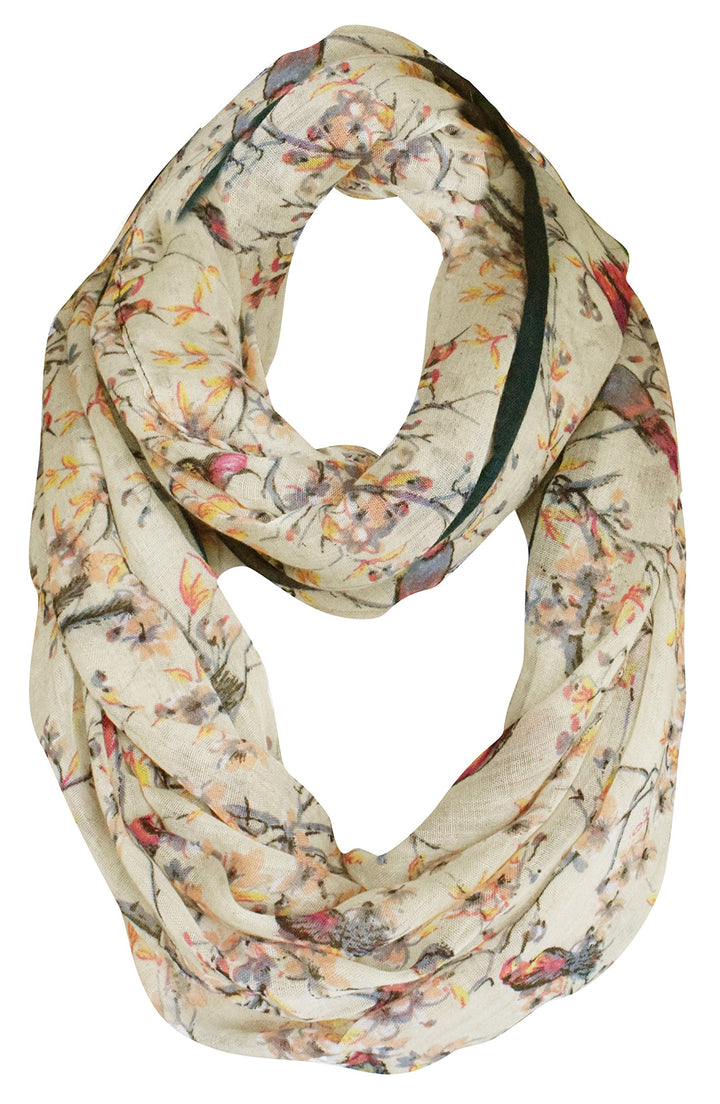 Lightweight sheer taupe infinity loop scarf with a vintage floral blossom and hummingbird print for women