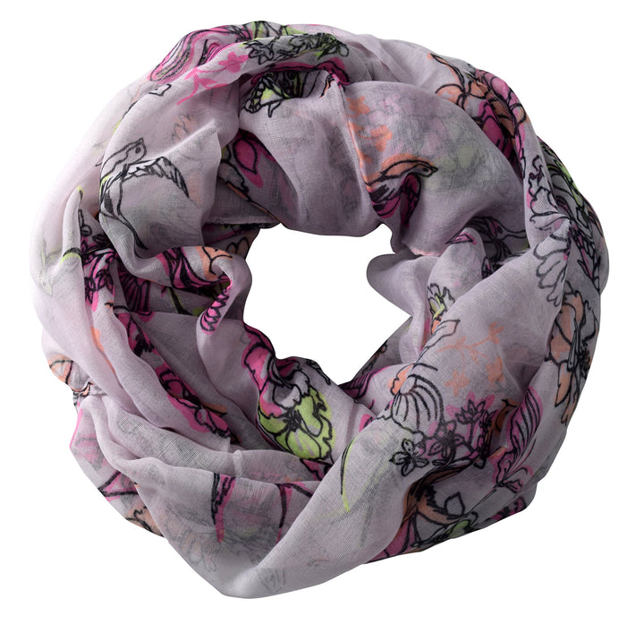 Pink pastel infinity loop scarf featuring a delicate cherry blossom and bird print pattern.