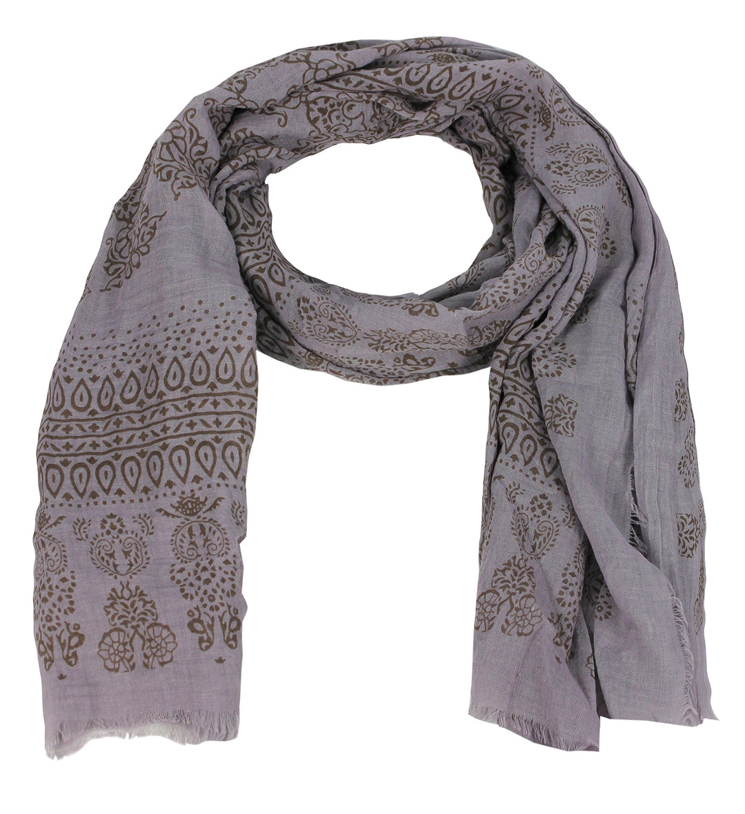 Classic Lightweight Heavenly Henna Paisley Printed Eyelash Fringe Scarf Grey
