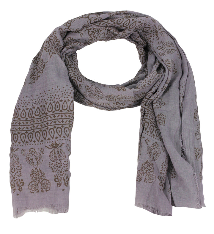 Classic Lightweight Heavenly Henna Paisley Printed Eyelash Fringe Scarf Grey