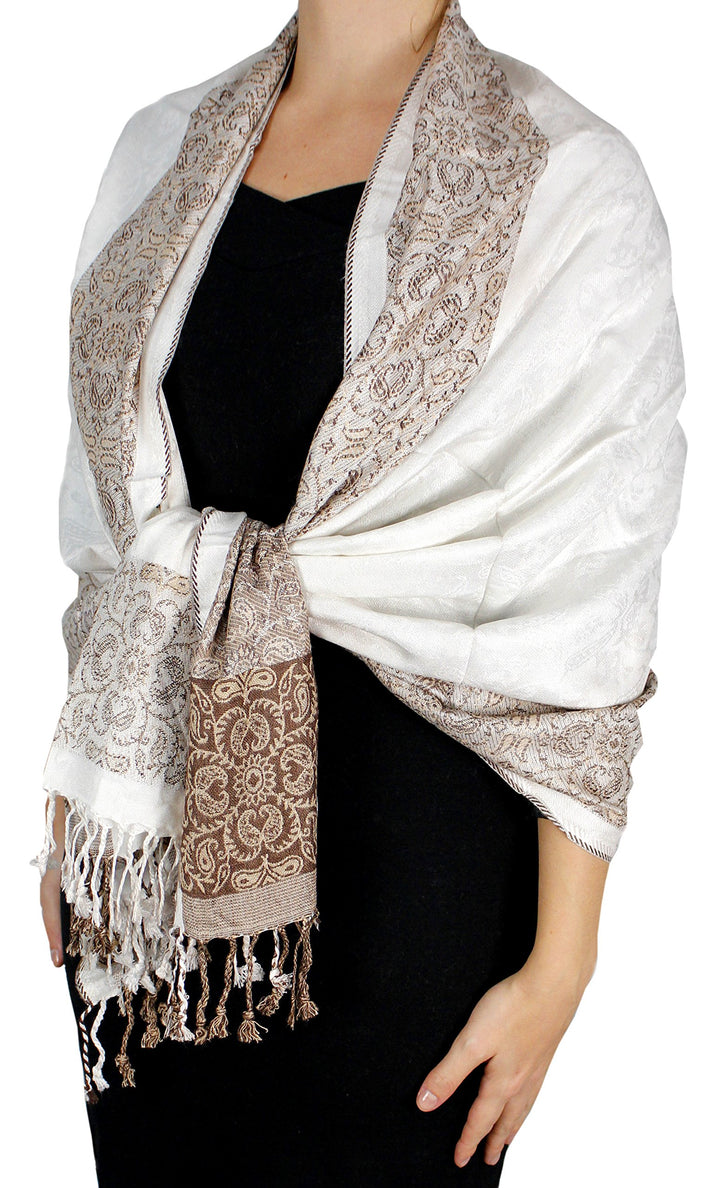 Reversible pashmina shawl with an intricate paisley and floral border design in cream and taupe.