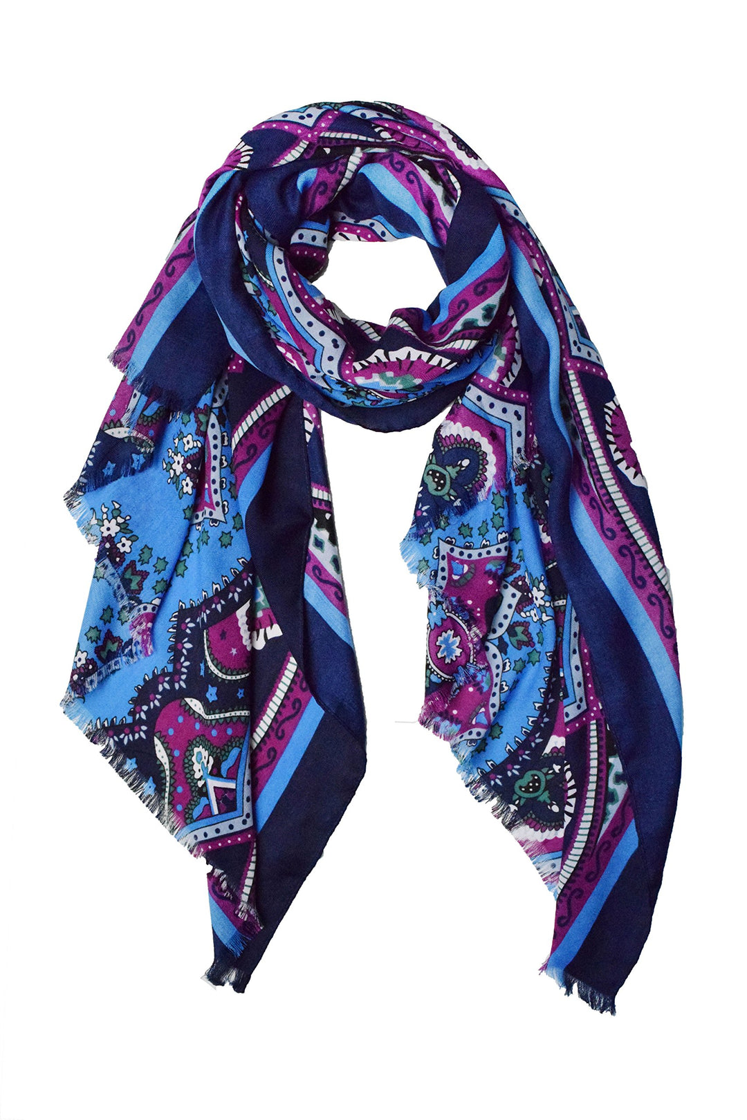 Vintage Look Elegant Floral Paisley Damask Soft Eyelet Fringe Long Scarf Shawl (Light Blue-Magenta-Navy)