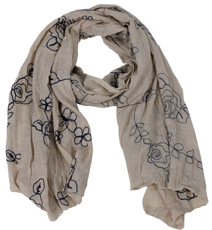 Lightweight summer shawl scarf with intricate floral rose embroidery in taupe and navy blue colors