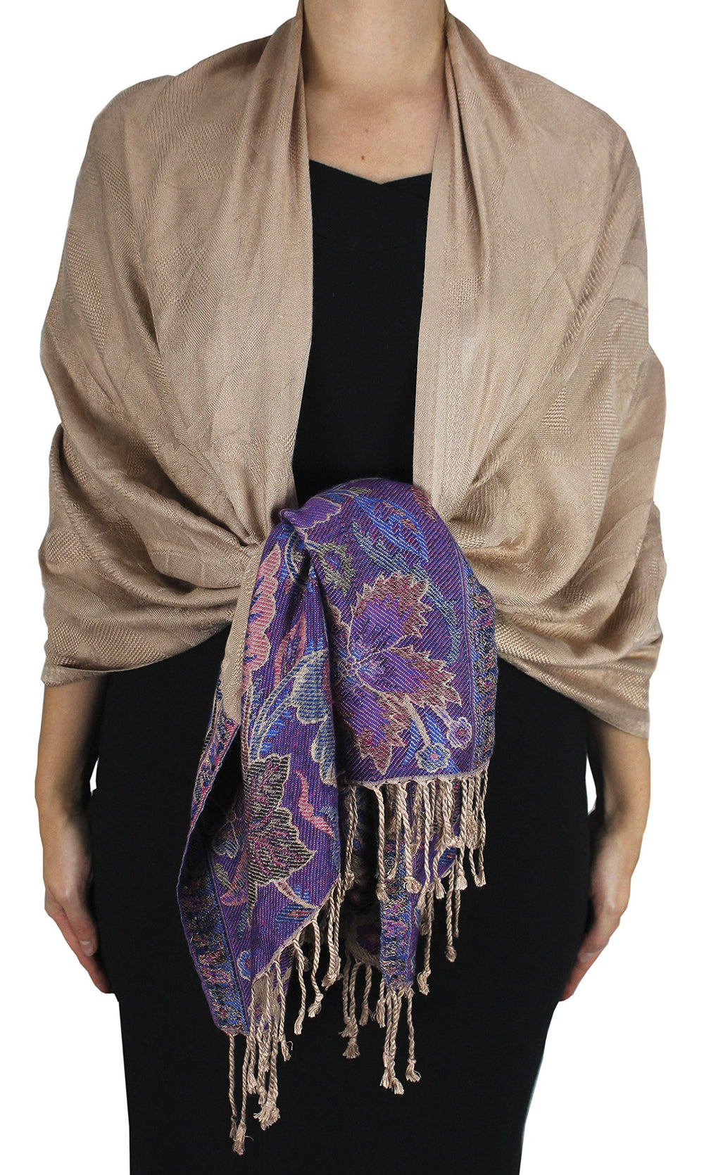 Reversible pashmina wrap shawl featuring an intricate paisley and floral border design in tan.