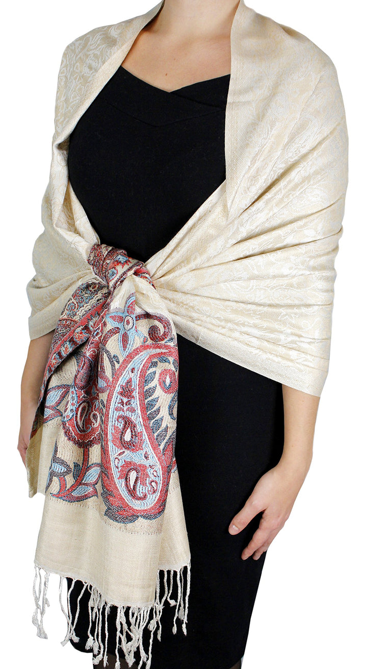 Beige reversible pashmina shawl featuring a detailed paisley and floral border design.