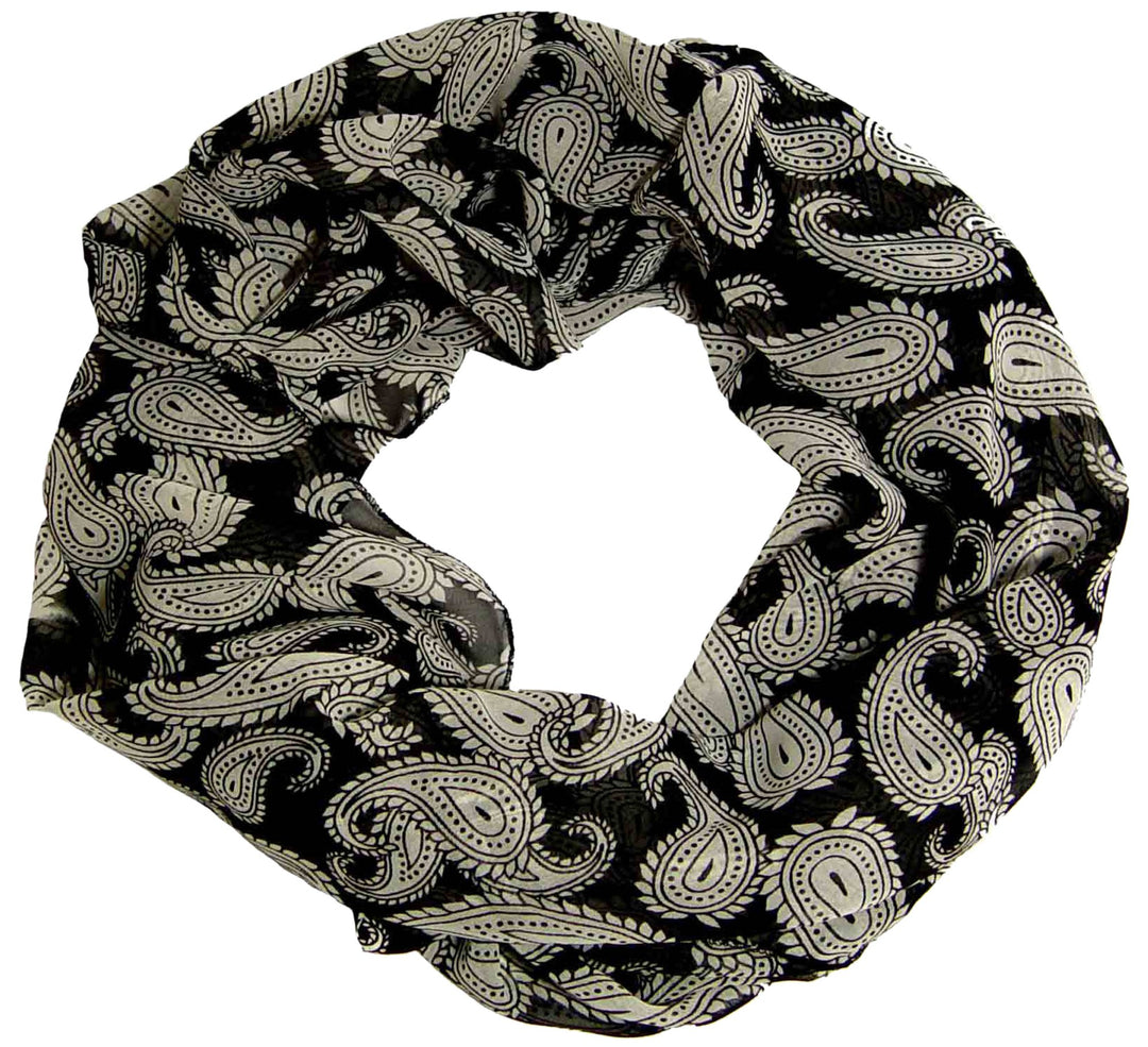 Fun Classic Vintage Paisley Design Infinity Circle Loop Scarf (Black-White)