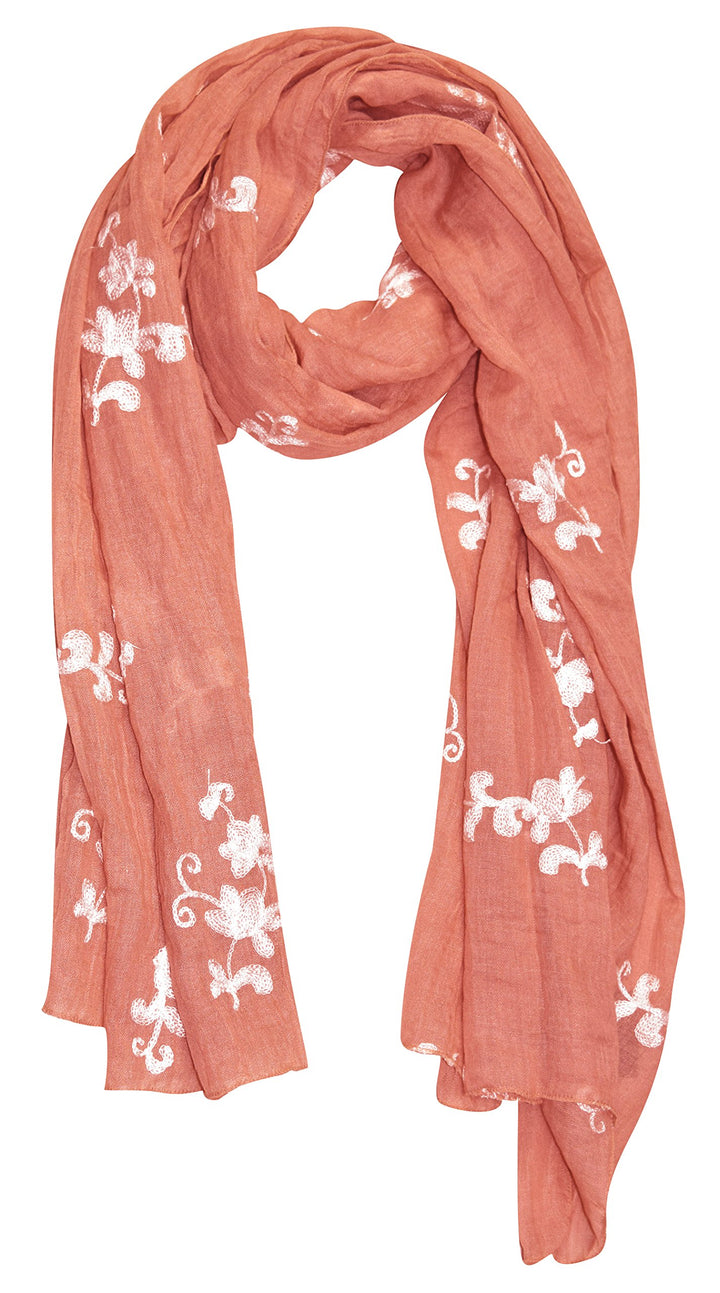 Lightweight pink summer shawl featuring intricate floral pansy embroidery and a sheer fabric design.
