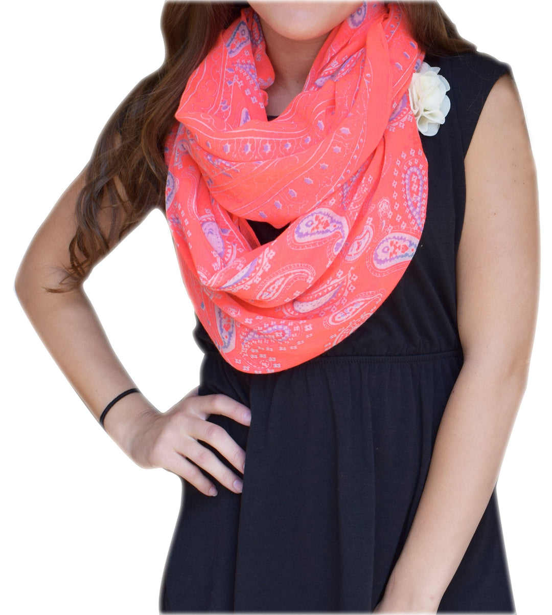 Simple and Classic Lightweight Paisley Design Infinity Loop Scarf Neon Pink