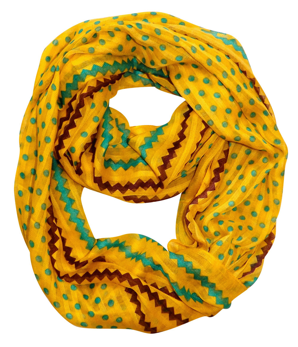 Vibrant yellow sheer infinity loop scarf featuring a stylish combination of polka dot and chevron patterns.