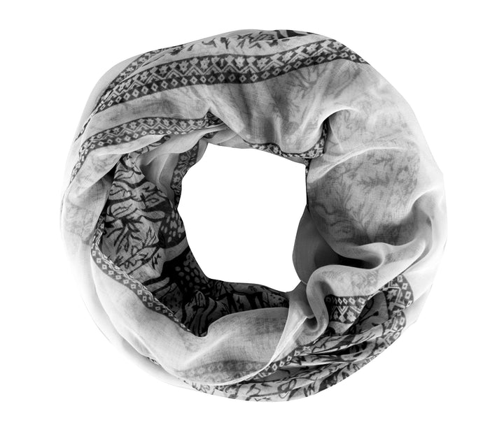 Stylish infinity loop scarf featuring an extravagant black animal and deer print nature design