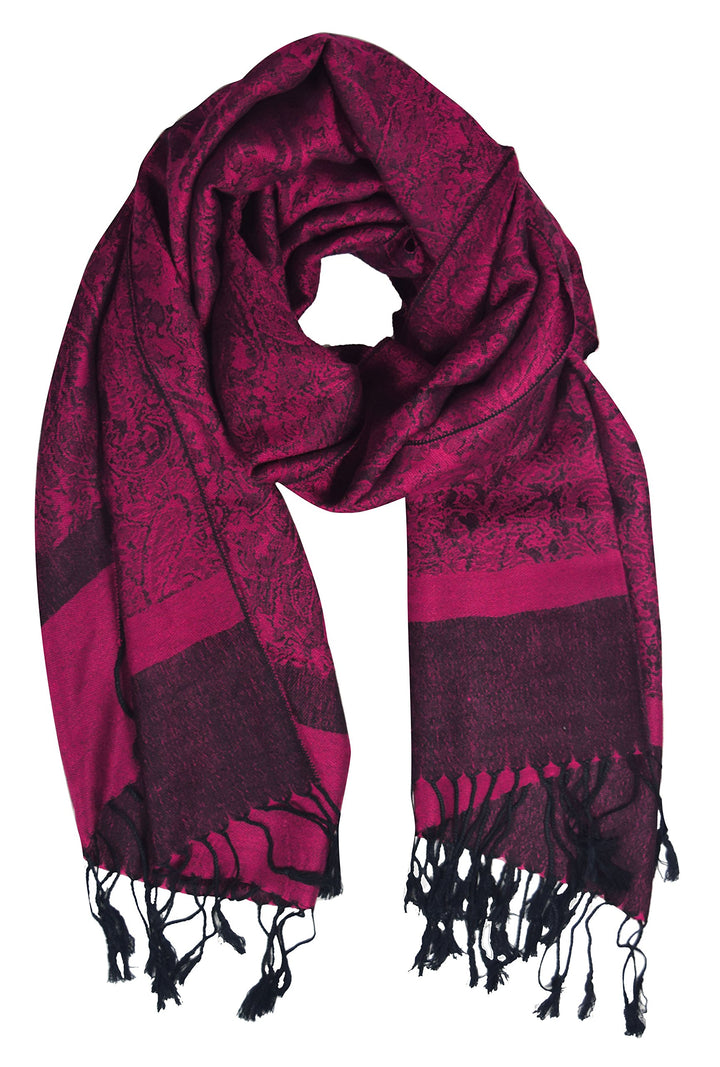 Elegant paisley jacquard pashmina scarf shawl and wrap in magenta and black.
