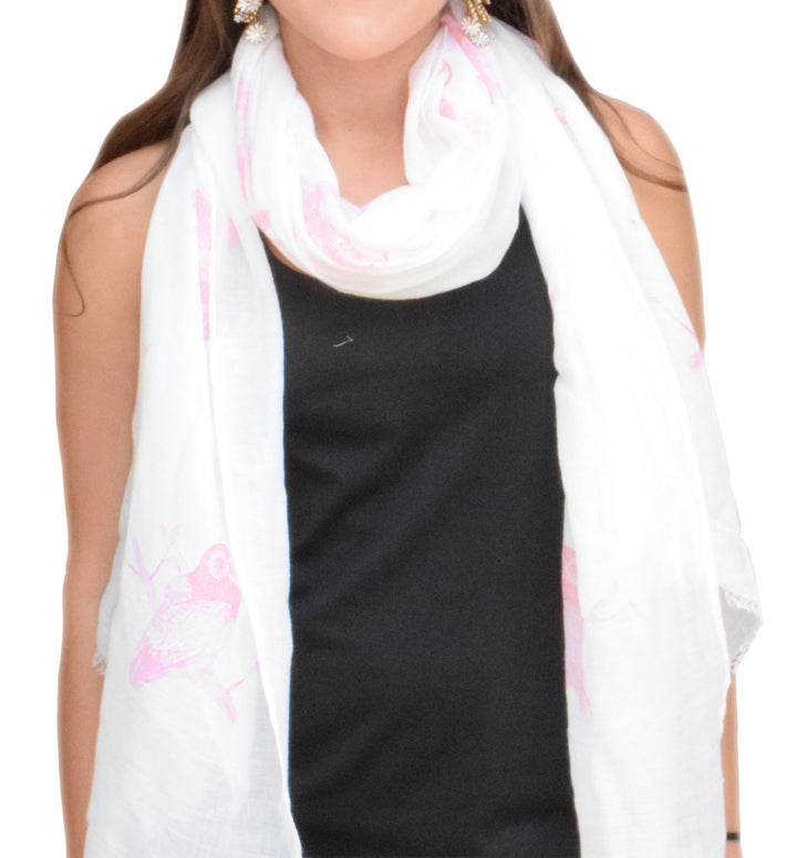 Modern graphic owl print scarf with colorful animal pattern and eyelash fringe in pink and white multicolored tones
