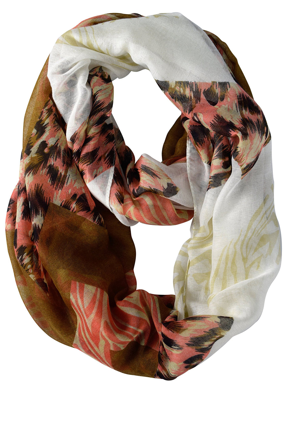Pink and brown infinity loop scarf with a mixed animal print and wide chevron design for women
