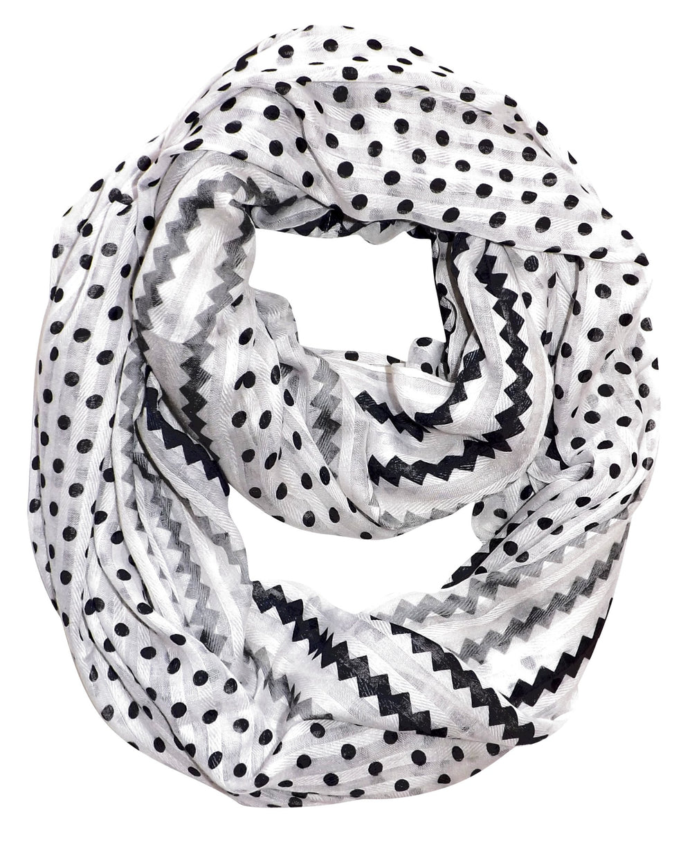 Chic white sheer infinity loop scarf featuring a combination of stylish polka dot and chevron patterns.