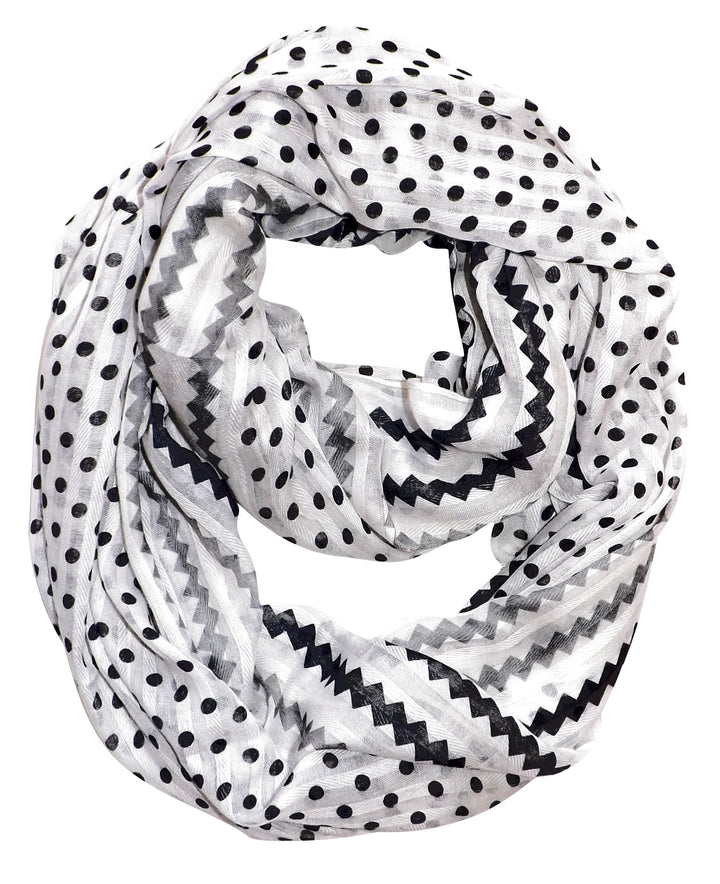 Chic white sheer infinity loop scarf featuring a combination of stylish polka dot and chevron patterns.