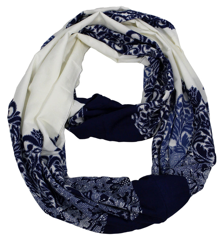 Bohemian navy and white damask print infinity loop scarf for women.