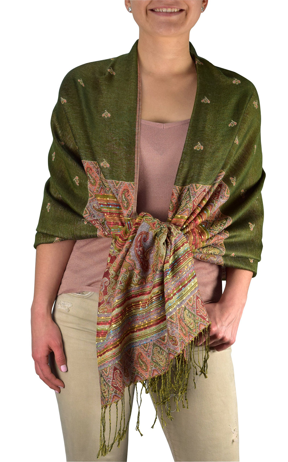 Green ethnic design bohemian pashmina shawl featuring a reversible tribal border pattern and soft viscose fabric.