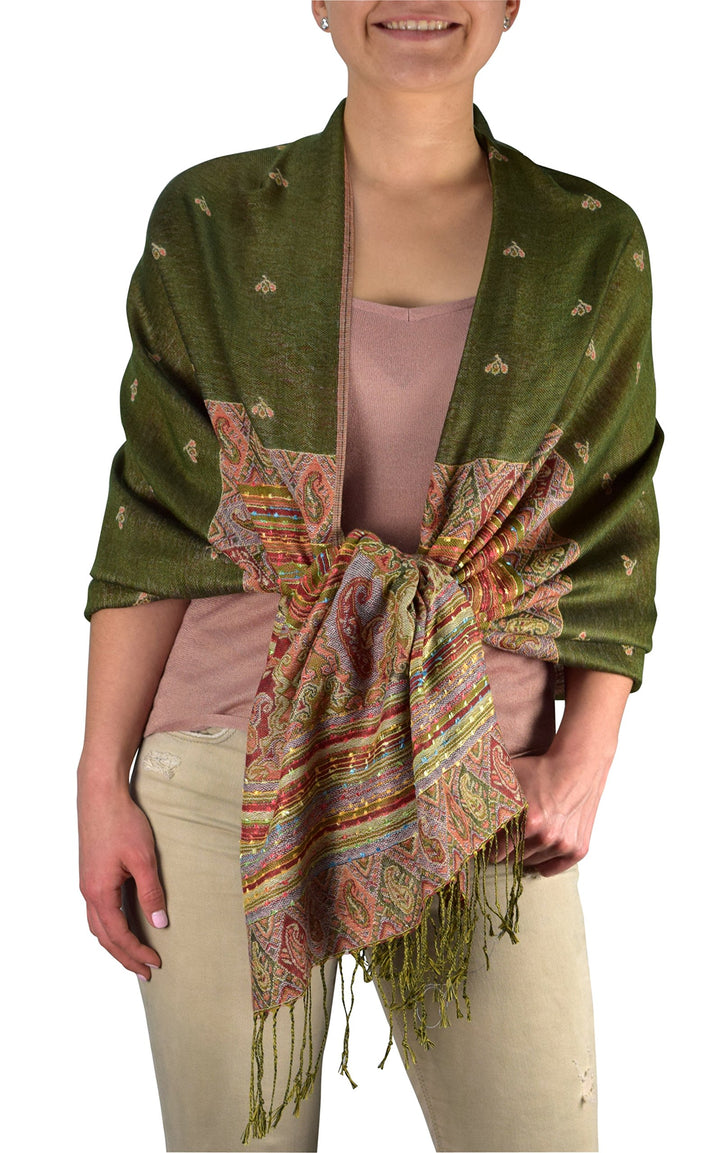Green ethnic design bohemian pashmina shawl featuring a reversible tribal border pattern and soft viscose fabric.
