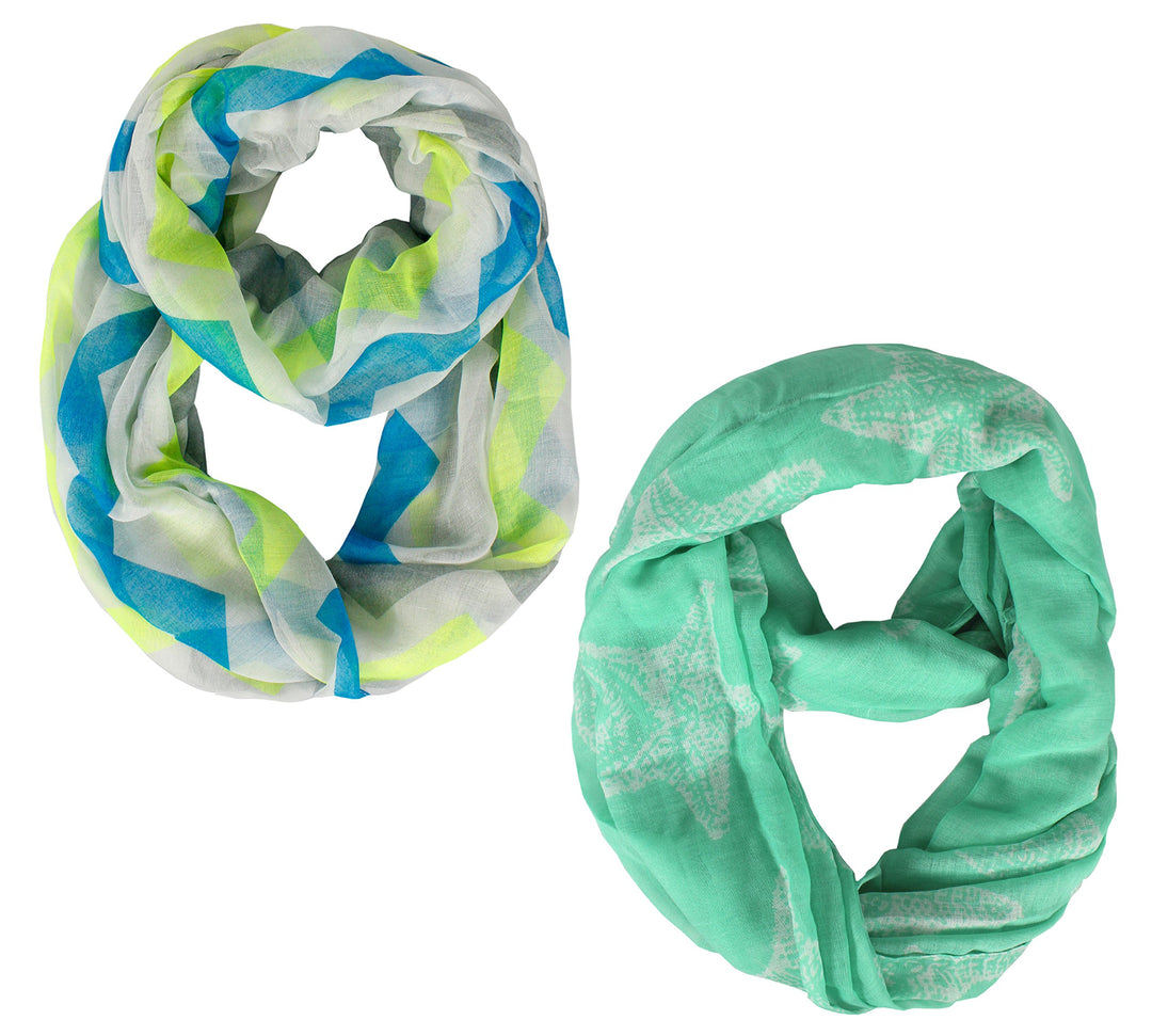 Peach Couture Geometric and Floral Starfish Scarf Blue White and Neon Green Infinity Scarf