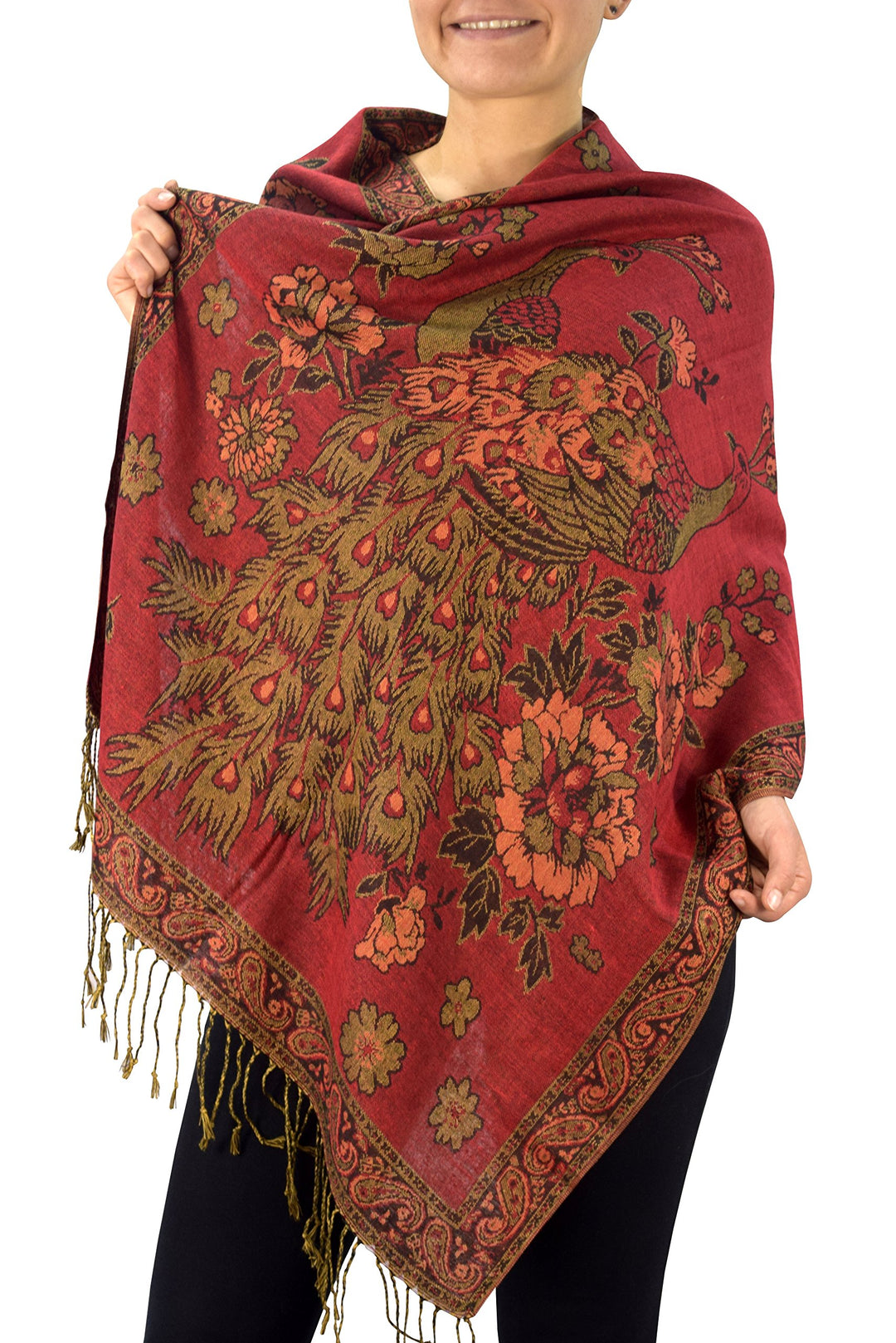 Peach Couture Floral Peacock Reversible Shimmer Layered Pashmina Wrap Shawl Scarf Red