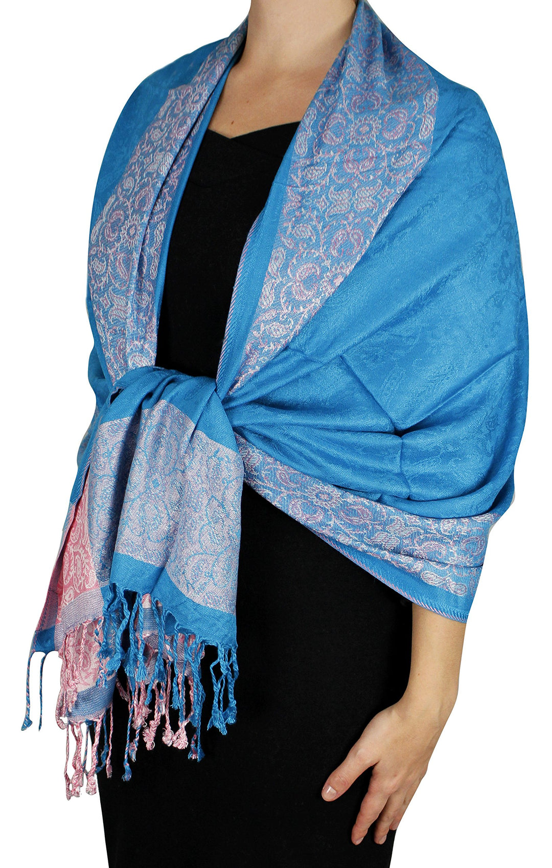 Reversible teal and pink pashmina wrap scarf featuring a paisley floral border design.