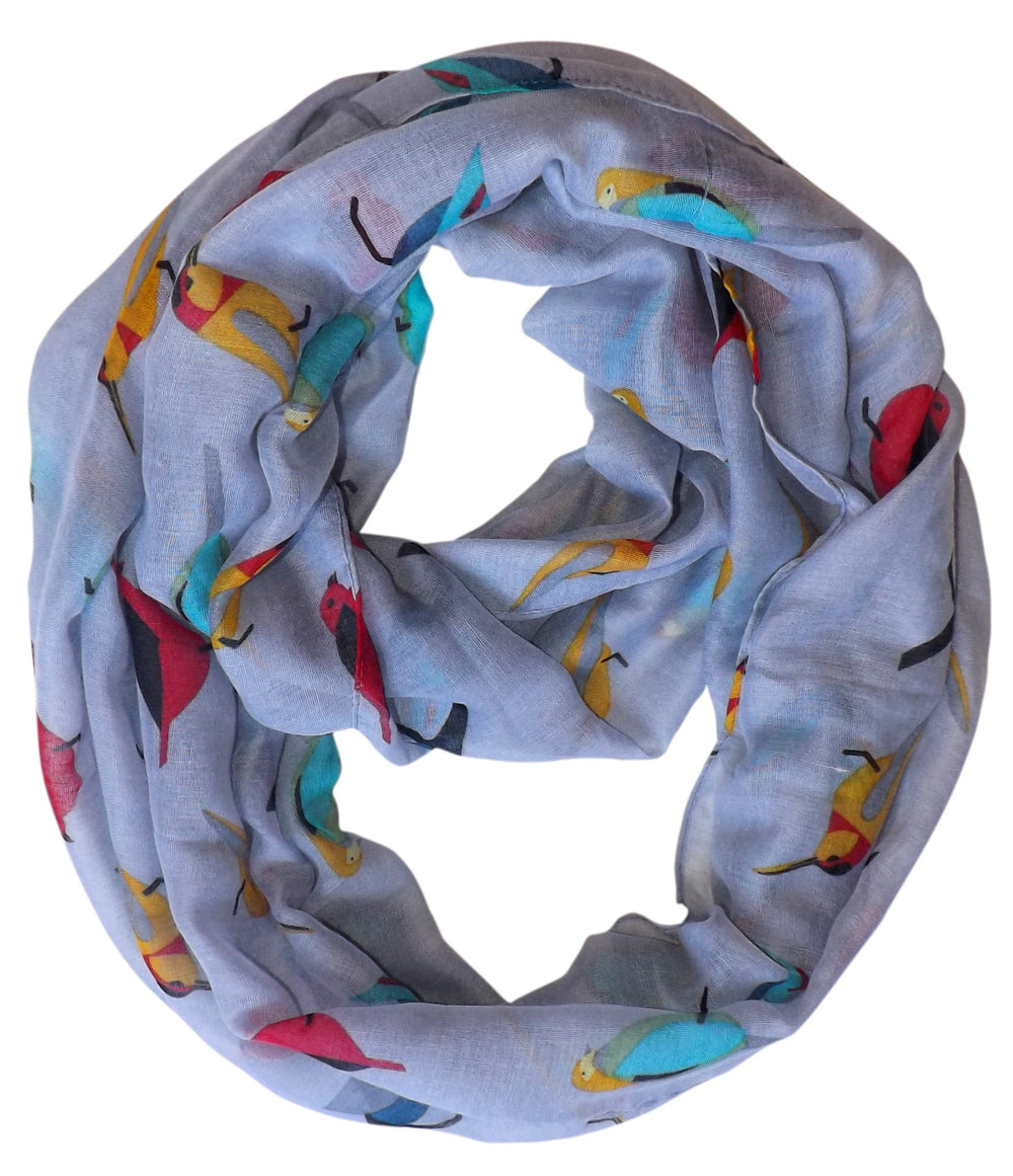 Lightweight vintage-style infinity loop scarf featuring an all-over finch bird print in grey sheer fabric