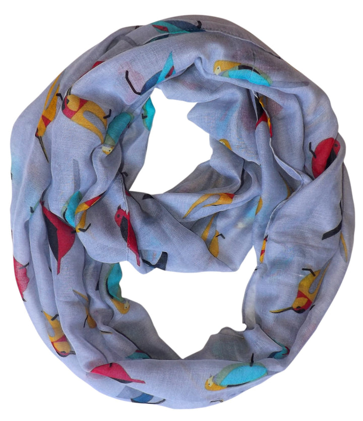 Lightweight vintage-style infinity loop scarf featuring an all-over finch bird print in grey sheer fabric