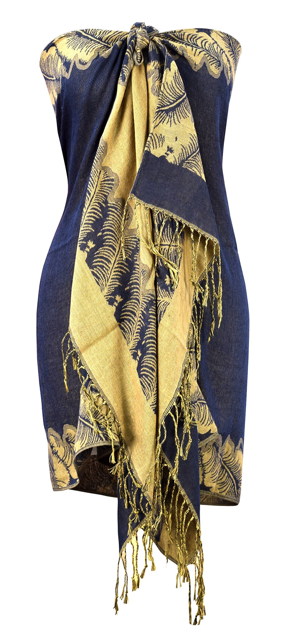 Elegant navy blue and black reversible jacquard pashmina shawl featuring an intricate paisley pattern and fringed edges.