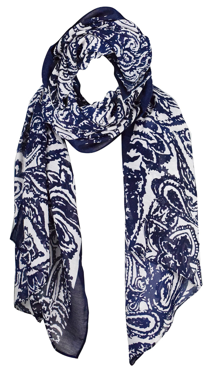 Lightweight Damask Paisley Scarves Summer Shawls Sheer Wraps Navy Damask