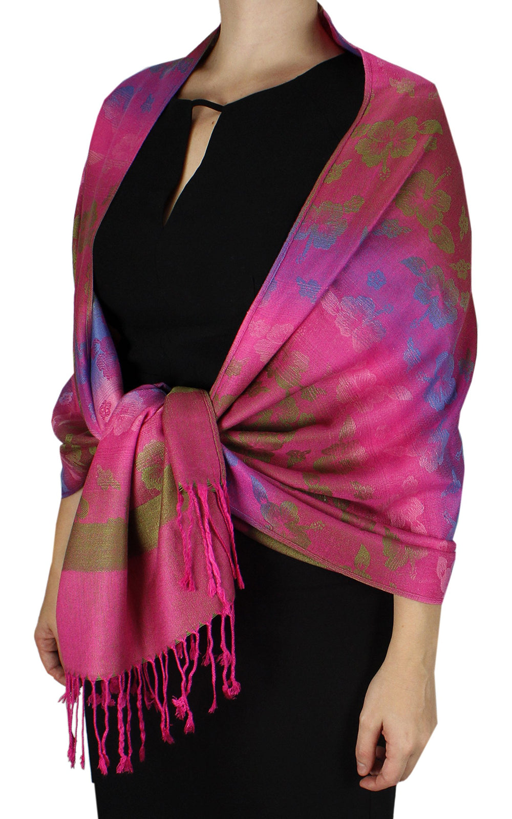Hot pink silky pashmina shawl featuring a tropical floral pansy pattern with a vibrant rainbow gradient and fringed ends.