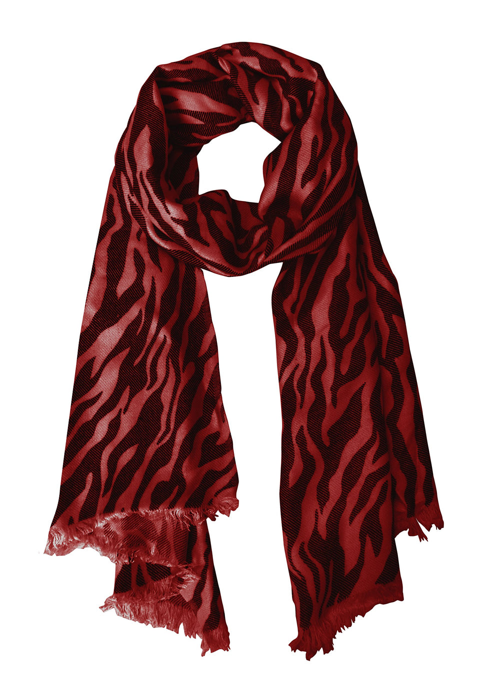 Fashionable zebra animal print pashmina shawl wrap with frayed ends in red and black pattern
