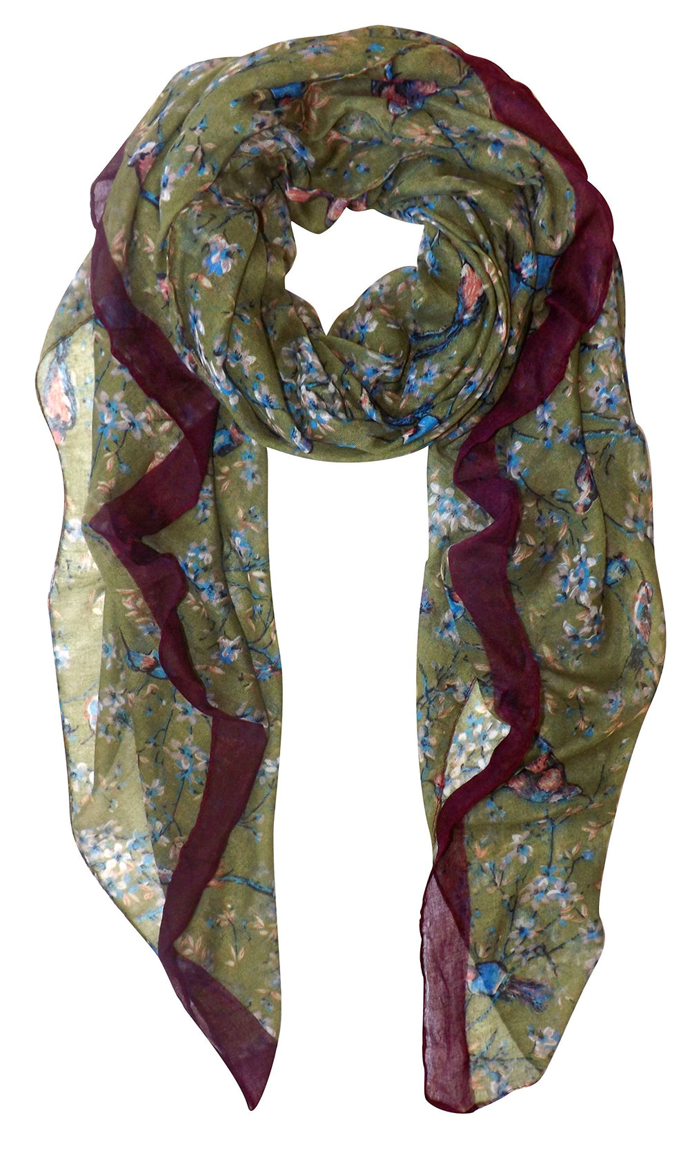 Pretty vintage floral blossom and hummingbird print light sheer olive green scarf for women