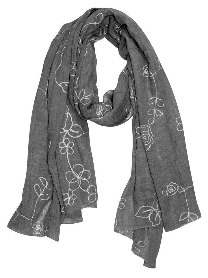 Lightweight grey summer shawl scarf wrap featuring intricate floral rose embroidery and sheer fabric.