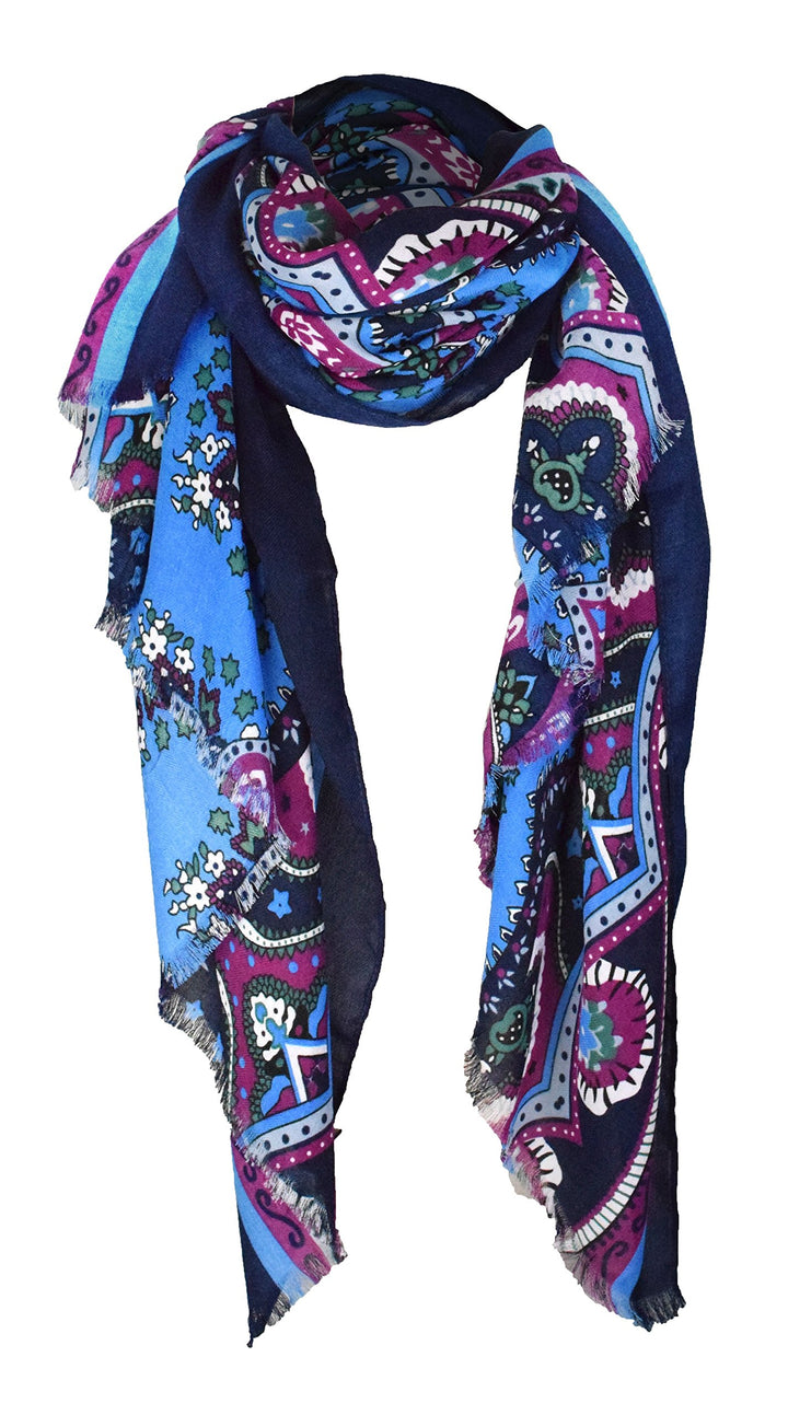 Lightweight Tan Magenta Blue Navy Paisley Damask Floral Scarf