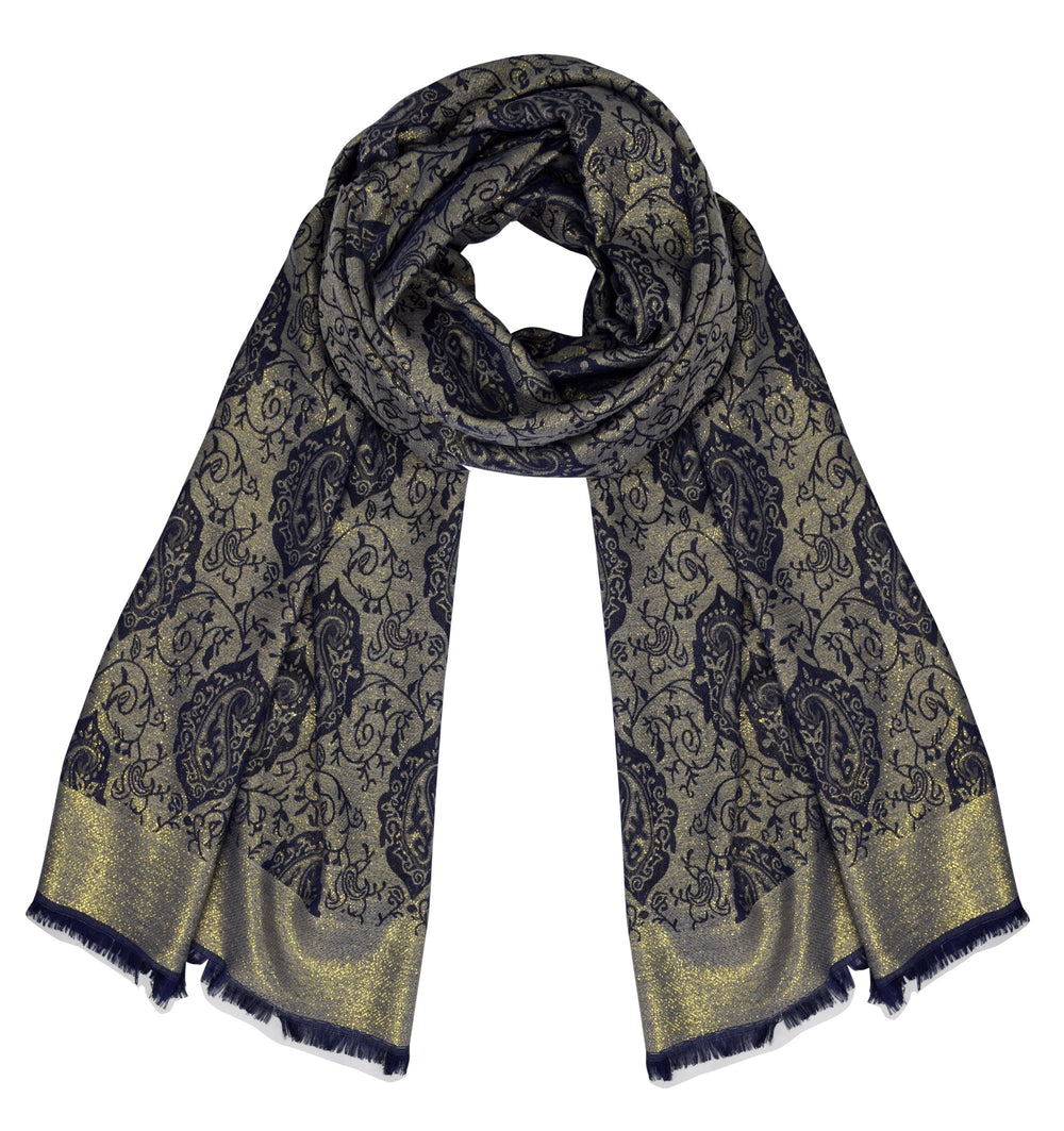 Elegant reversible jacquard paisley shawl wrap pashmina in navy blue and gold.