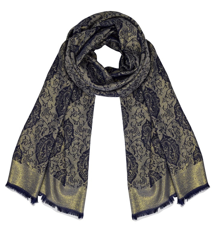 Elegant reversible jacquard paisley shawl wrap pashmina in navy blue and gold.