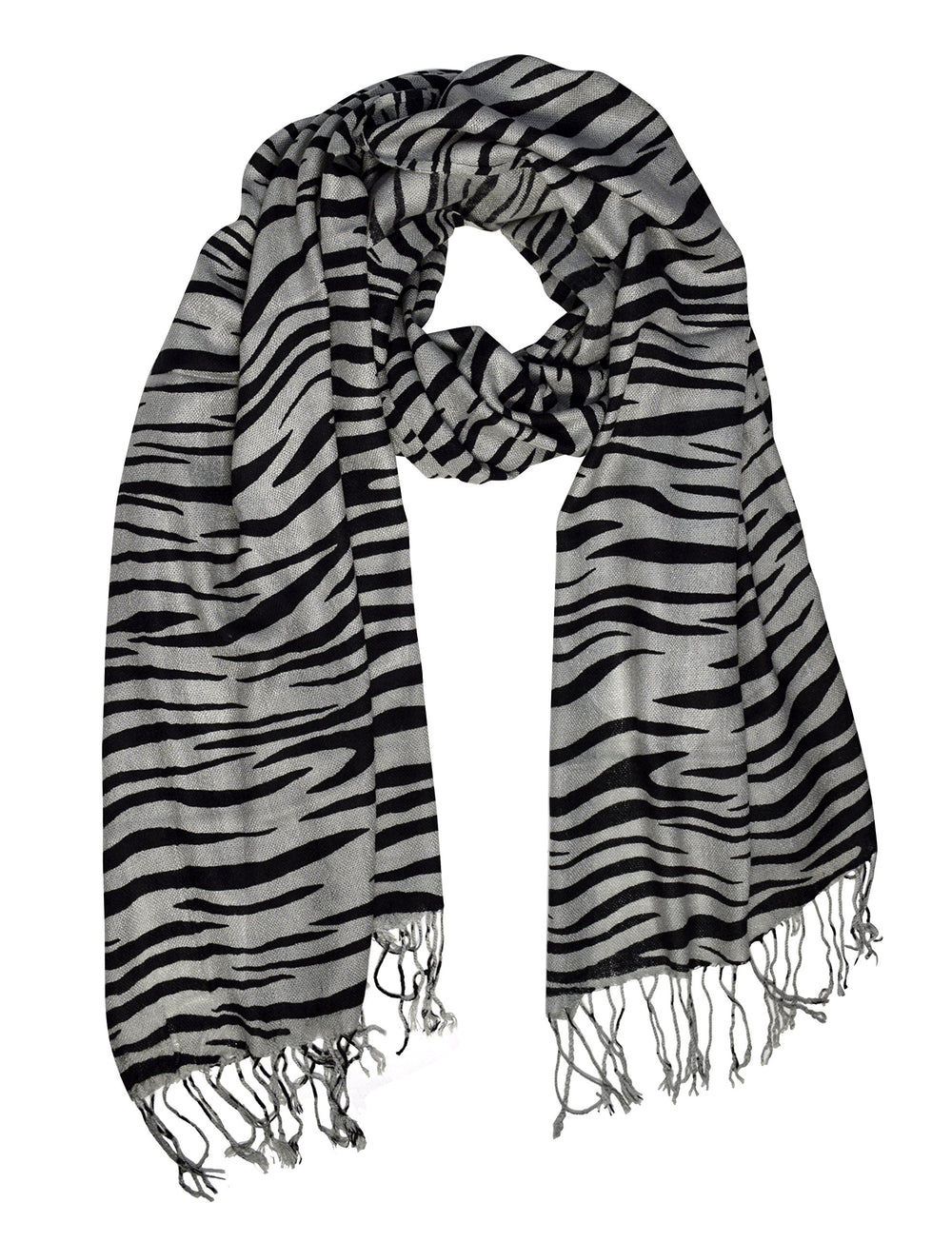 Fashionable zebra animal print pashmina shawl wrap with frayed ends in grey and black