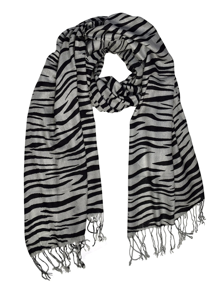 Fashionable zebra animal print pashmina shawl wrap with frayed ends in grey and black