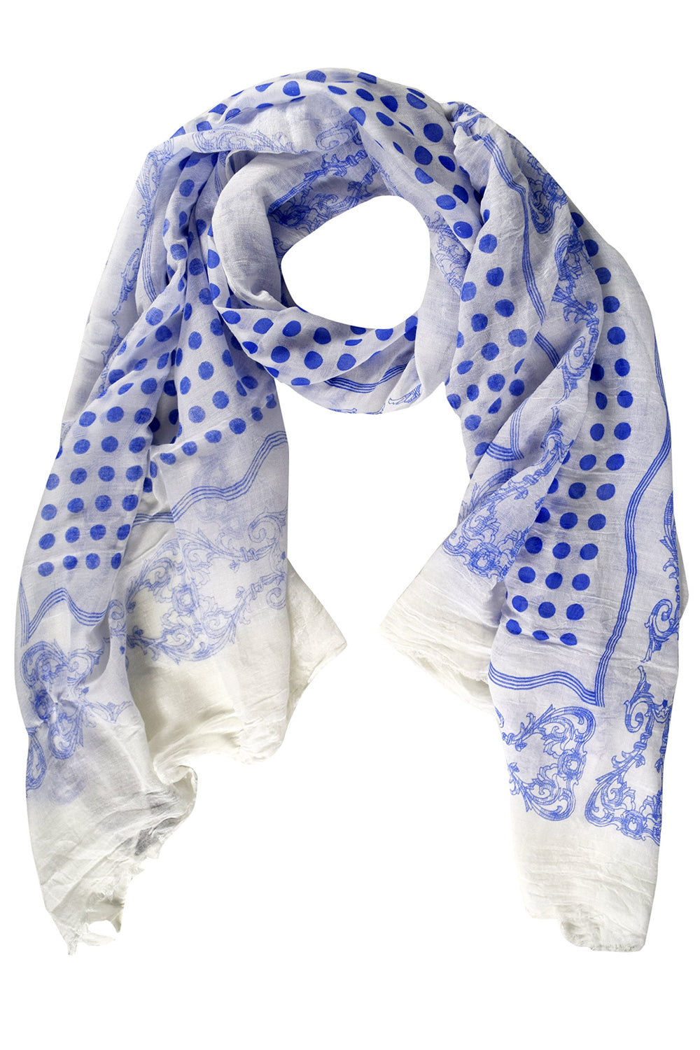 Blue polka dot print scarf made from a soft cotton blend fabric, ideal for summer wear.