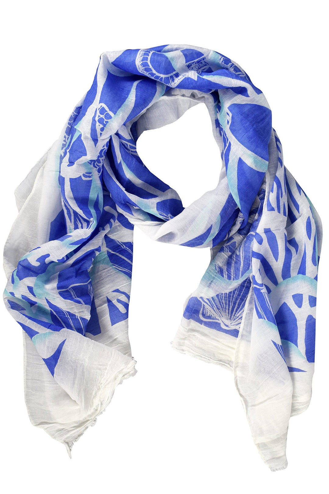 Peach Couture All Season's Nautical Shell Seahorse design Light Fringe Shawl Scarf Blue